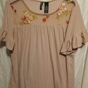 Tan and Cream Embellished Ruffled Blouse with Peter Pan Collar